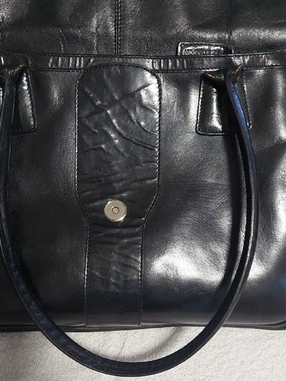 Structured Black Leather Laptop Tote Bag with Front Flap Pocket
